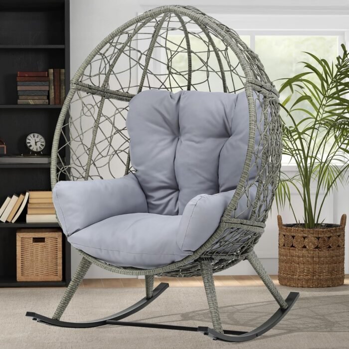 DWVO Wicker Rocking Egg Chair, Oversized Indoor Outdoor Rattan Rocking Chair, Indoor Outdoor Lounger for Patio, Backyard, Living Room, Light Gray - Image 3