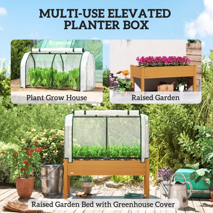 Outsunny Raised Garden Bed with PE Greenhouse Cover Outdoor Elevated Wood Planter Box for Herbs and Vegetables, Use for Patio, Backyard, Balcony, 48 x 22 x 46 inch, Sand - Image 5