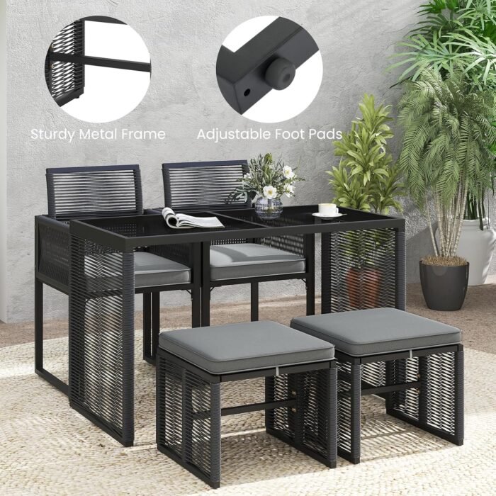 Tangkula 5 Pieces PE Wicker Patio Dining Set, Outdoor Conversation Set with Cushions, Space-Saving Patio Rattan Chair and Tempered Glass Table Set with Ottomans for Garden, Backyard & Poolside (Gray) - Image 7