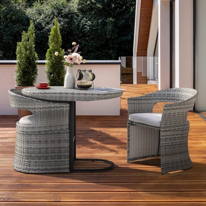 NUU GARDEN 3 Piece Outdoor Patio Bistro Set, Patio Furniture Set for 1 Iron Patio Table and 2 Dining Chairs, Balcony Furniture Patio Table and Chairs Set of 2 with Cushions, for Garden Yard, Gray - Image 3