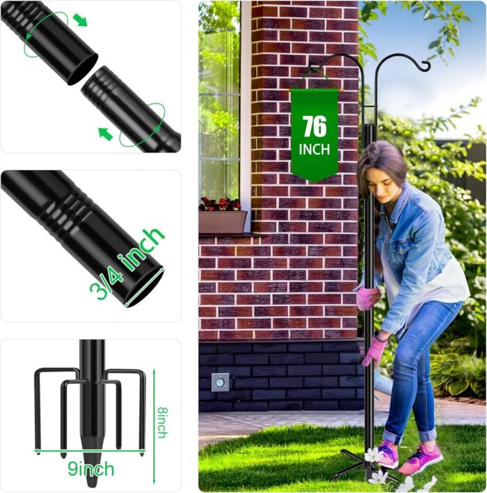 XDW-GIFTS Double Shepherds Hooks for Outdoor, 2-Pack Heavy Duty Garden Pole for Hanging Bird Feeder, Plant Baskets, Solar Light Lanterns, Garden Plant Hanger Stands with 5 Base Prongs - Image 3