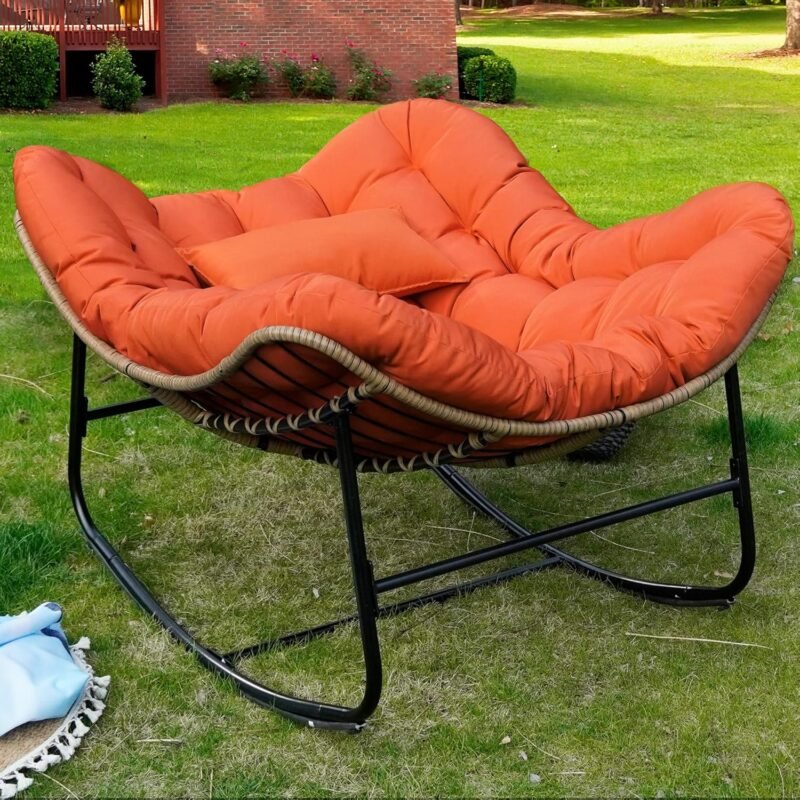 Papasan Rocking Chair, Oversized Patio Papasan Chairs Indoor with Cushion & Pillow, Egg-Shaped Rocking Chair Outdoor, All-Weather Wicker Rocker for Garden, Deck, Living Room, Red