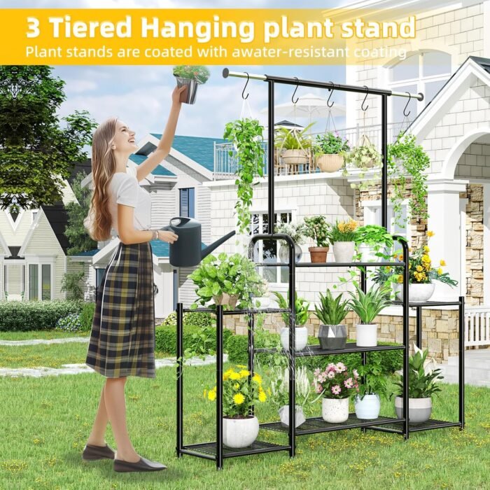 Simple Trending Plant Stand Indoor Outdoor, Metal 3 Tier Tall Hanging Plant Shelf for Multiple Flower Planter Large Heavy Duty Ladder Plant Holder for Garden, Black - Image 4