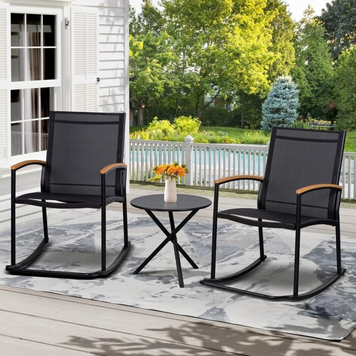 Shintenchi 3 Piece Outdoor Rocking Bistro Set, Textilene Fabric Small Patio Furniture Set, Front Porch Rocker Chairs Conversation Set with Table for Lawn, Garden, Balcony, Poolside (Black) - Image 7