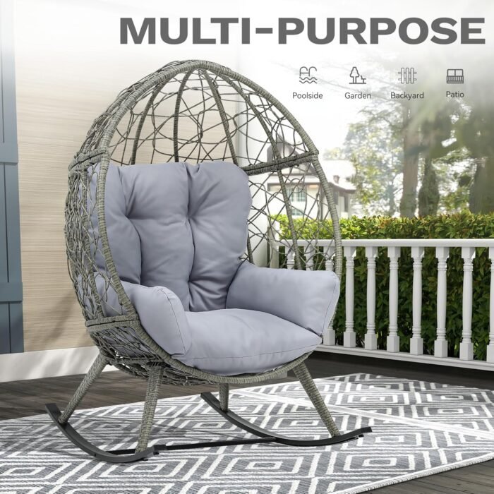 DWVO Wicker Rocking Egg Chair, Oversized Indoor Outdoor Rattan Rocking Chair, Indoor Outdoor Lounger for Patio, Backyard, Living Room, Light Gray - Image 4