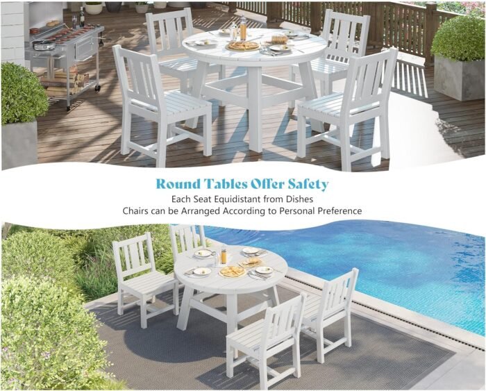 AMERLIFE 5 Piece HDPE Outdoor Dining Tables and Chairs, All-Weather Patio Outdoor Furniture with Umbrella Hole, Round Table for Garden, Backyard, Seaside, White - Image 7