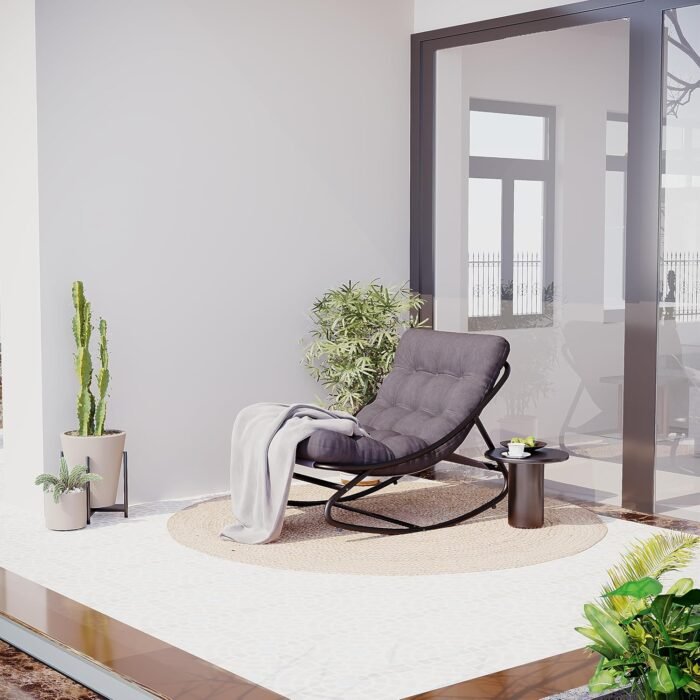 Rocking Chair with Thick Cushion, Outdoor Rocking Chair with Metal Frame, Adjustable Swing Range and Fixed Rope, Waterproof Cushion for Patio, Garden, Backyard and Poolside. - Image 8