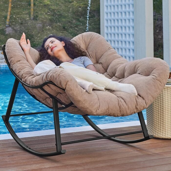 Oversized Rocking Chair Indoor, Papasan Rocking Chair Outdoor, Lounge Chair with Cushion, Patio Egg Rocker Chairs, Comfy Reading Chairs for Bedroom, Living Room, Garden, Lawn, Khaki - Image 8