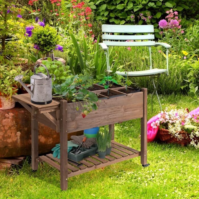 Outsunny Raised Garden Bed with 8 Grow Grids, Wooden Outdoor Plant Box Stand with Folding Side Table and Wheels, 49" x 21" x 34", for Vegetables, Flowers, Herbs, Brown - Image 2