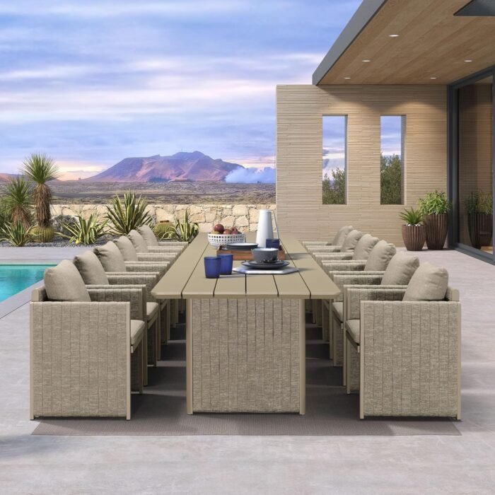 PURPLE LEAF Outdoor Dining Set for 12 with Chairs and Table 13 Pieces Modern Extra Large Weather-Resistant Furniture Olefin Fabric Ideal for Family Dinners for Lawn Deck Backyard Beige