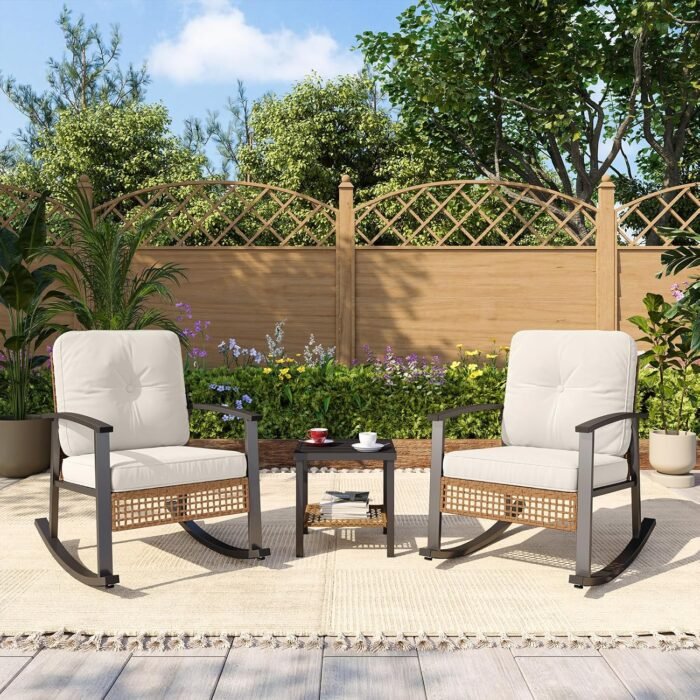 Aoxun 3-Piece Outdoor Rocking Bistro Set, Patio Furniture Set with Coffee Table and Thick Cushions, Wicker Rocking Chairs Set of 2 for Garden, Balcony, Backyard, Poolside (Beige) - Image 4