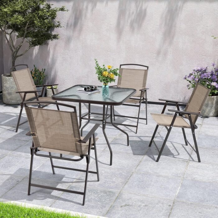 Crestlive Products 5 Piece Patio Dining Set with 4 Folding Chairs and Table Outdoor Dining Furniture with Square Glass Tabletop, Umbrella Hole for Bistro, Garden, Backyard, Deck (Beige)