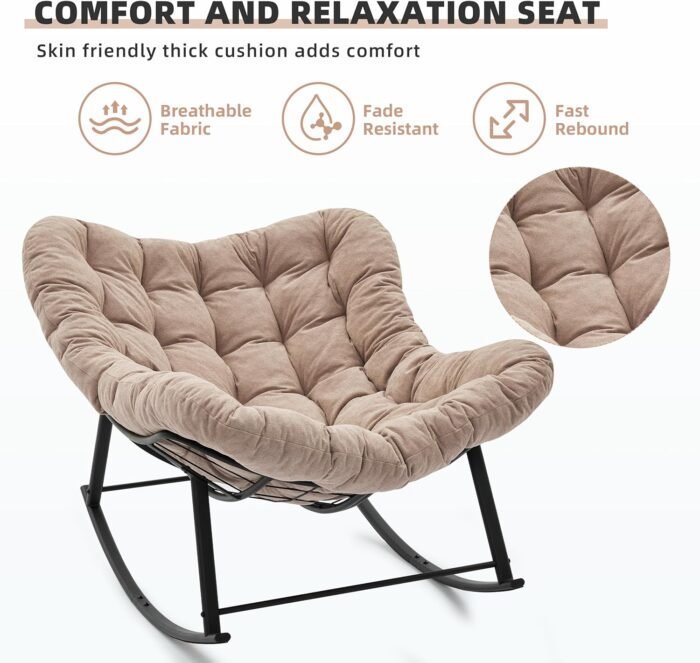 Oversized Rocking Chair Indoor, Papasan Rocking Chair Outdoor, Lounge Chair with Cushion, Patio Egg Rocker Chairs, Comfy Reading Chairs for Bedroom, Living Room, Garden, Lawn, Khaki - Image 5