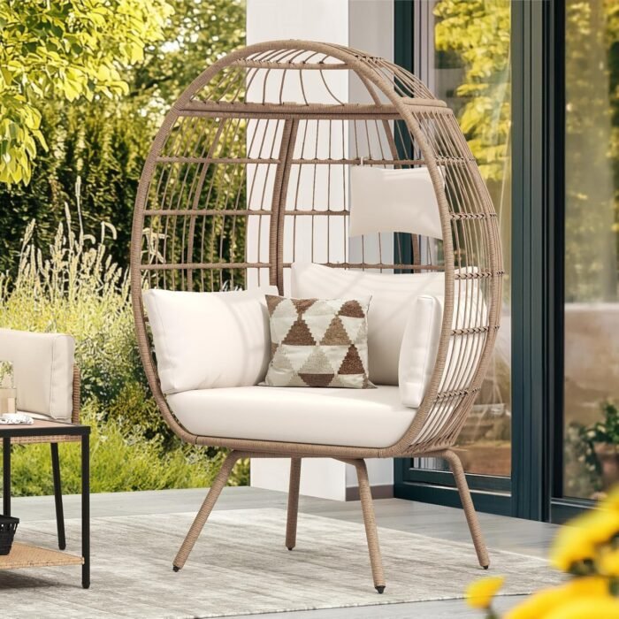 YITAHOME Oversized Egg Chair 450lbs Capacity Wicker Patio Lounger w/Adjustable Headrest, Anti-Rust Steel Frame & All-Weather Rattan, XXL Basket Chair for Outdoor & Indoor - Beige - Image 6