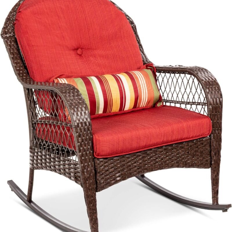 Best Choice Products Outdoor Wicker Patio Rocking Chair for Porch, Deck, Poolside w/Steel Frame, Weather-Resistant Cushions - Red
