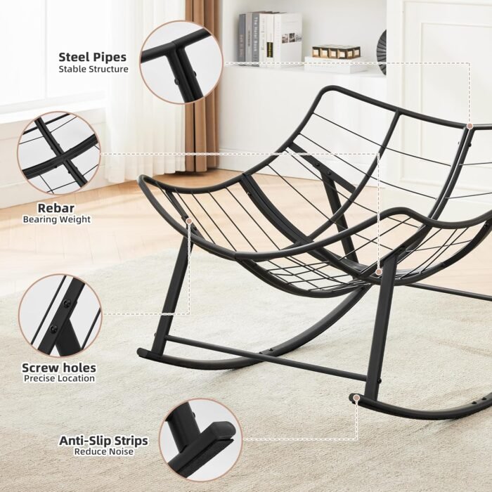 Oversized Rocking Chair Indoor, Papasan Rocking Chair Outdoor, Lounge Chair with Cushion, Patio Egg Rocker Chairs, Comfy Reading Chairs for Bedroom, Living Room, Garden, Lawn, Khaki - Image 7