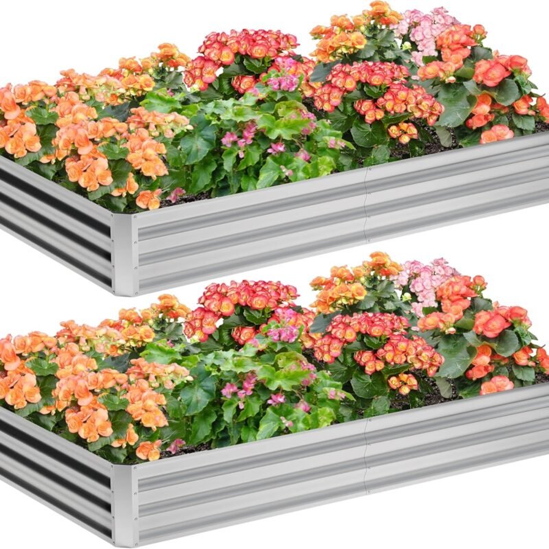 2PCS 8x4x1FT Galvanized Raised Garden Bed,Planter Raised Beds-Metal Garden Box,Large Plant for Outdoor Planting, Vegetables Bed,Flower,Herb-Sliver
