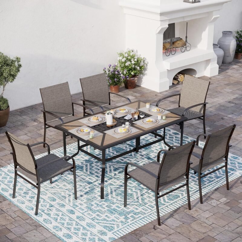 7 Pcs Patio Dining Set for 6, Metal Rectangular Dining Table (PVC Table Top) with Umbrella Hole and 6 Chairs, Outdoor Dining Set for Lawn Garden Deck, Brown
