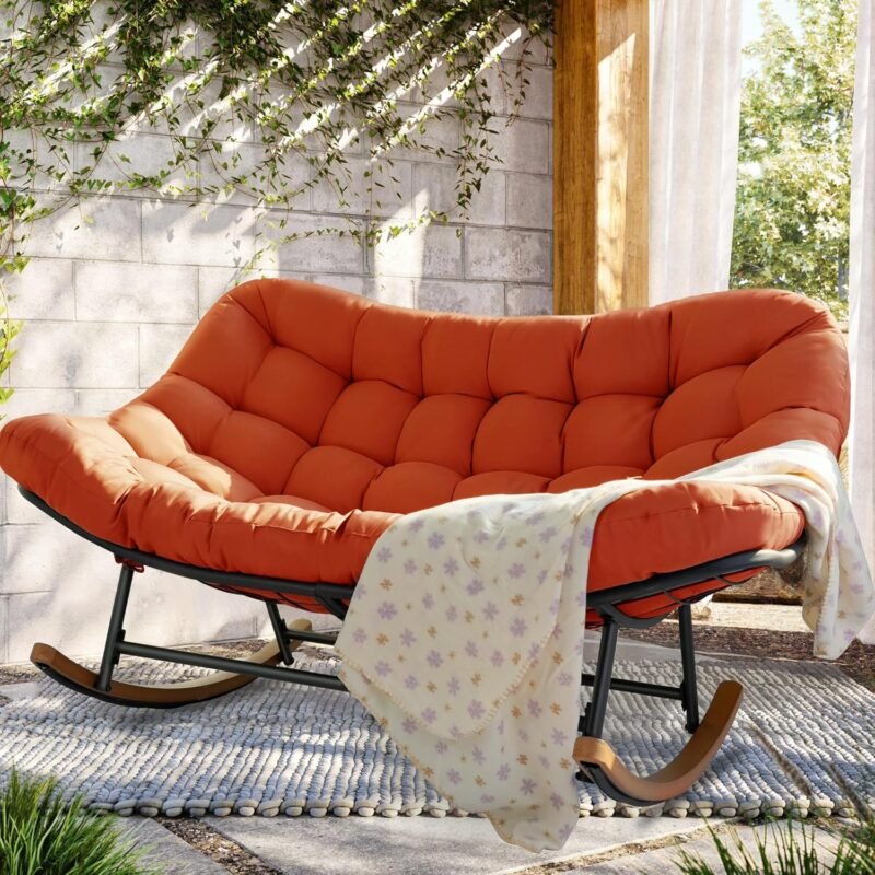 Rocking Papasan Chair,Patio Rocking Chairs for 2-Person Indoor & Outdoor,Oversized Rocking Chair with Thicken Cushion and Steel Frame,Rocker Lounge Chair for Yard,Living Room,Red