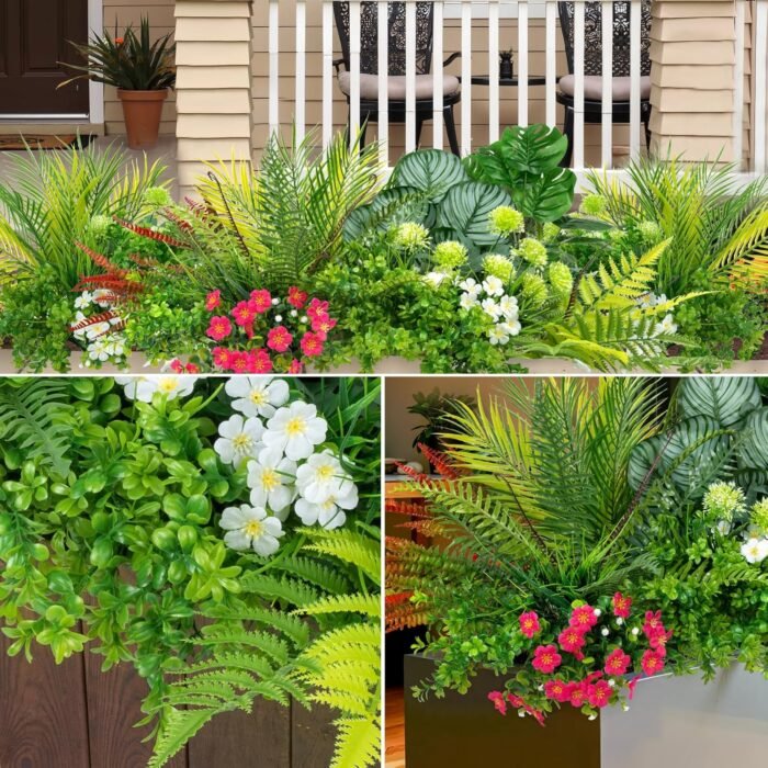20 Pcs Artificial Plants Outdoor Fake UV Resistant Artificial Flowers Greenery Stems Boston Fern Faux Shrubs Plastic Plants for Garden Porch Planter Window Box Home Decor - Image 3