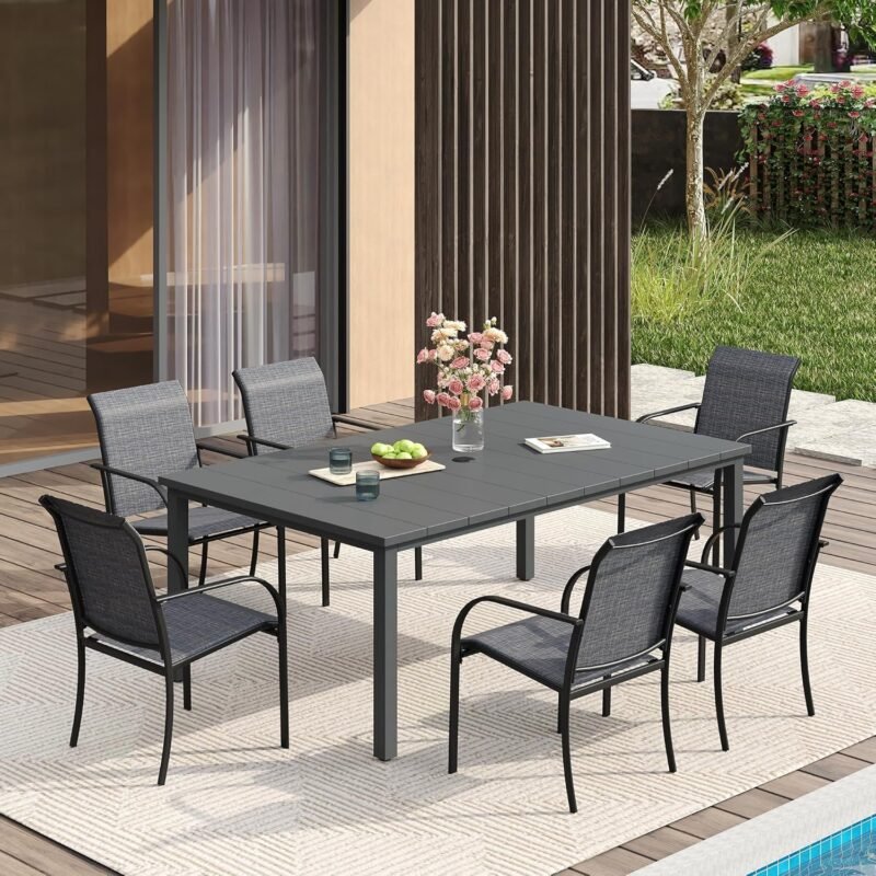 VICLLAX Patio Dining Set for 6, Outdoor Furniture Set Includes 63" Rectangle Patio Table and 6 Patio Sling Chairs, Outdoor Table and Chairs for Outsides, Grey Tabletop and Dark Grey Fabric