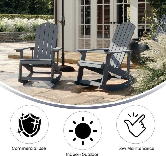 Flash Furniture Savannah Poly Resin Wood Adirondack Rocking Chair - All Weather Gray Polystyrene - Stainless Steel Hardware - Image 5