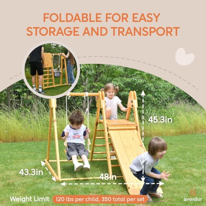 Avenlur 4-in-1 Juniper Outdoor Play Gym - Jungle Gym Playset with Baby Swing, Slide, Ladder, and Climbing Wall - Foldable Wooden Playset - Outdoor Jungle Gym for Kids Ages 18mo to 6yrs - Image 2