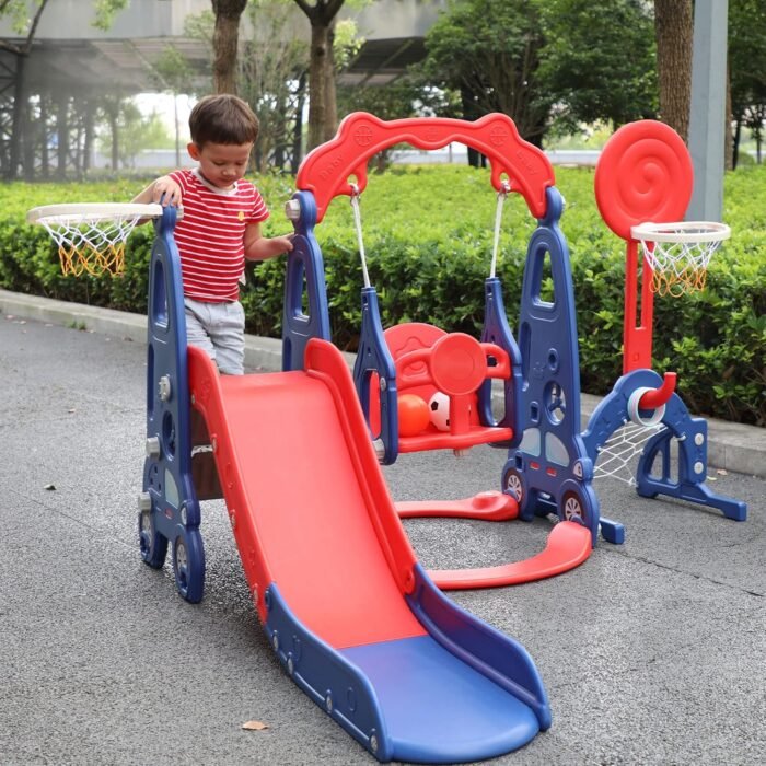 4 in 1 Slide Climber Swing Set, Freestanding Toddler Slide Climber Playset with Basketball Hoop, Toddler Playground Indoor Outdoor, Easy Setup (Red) - Image 8
