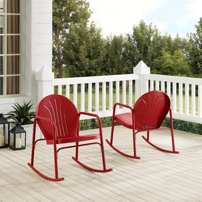 Crosley Furniture Griffith Retro Metal Outdoor Rocking Chairs, Set of 2, for Porch, Deck, Balcony, Backyard, Bright Red Gloss - Image 7