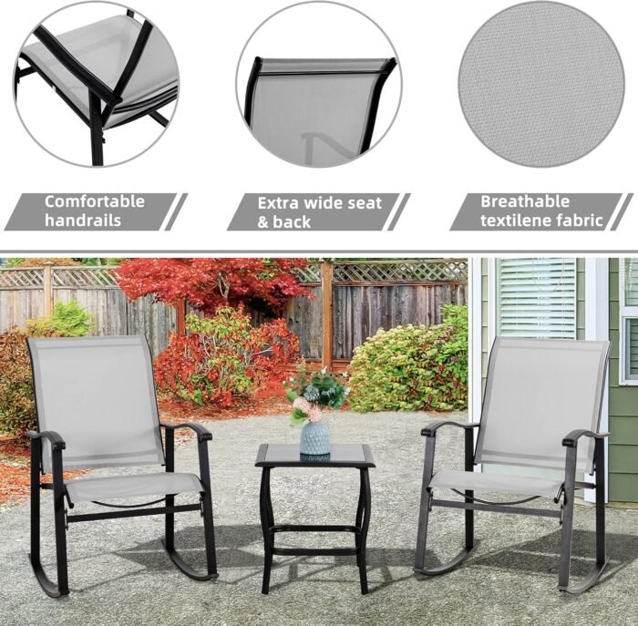 Vongrasig 3 Piece Outdoor Rocking Bistro Set, Textilene Fabric Small Patio Furniture Set, Front Porch Rocker Chairs Conversation Set with Glass Table for Lawn, Garden, Balcony, Poolside (Light Gray) - Image 4