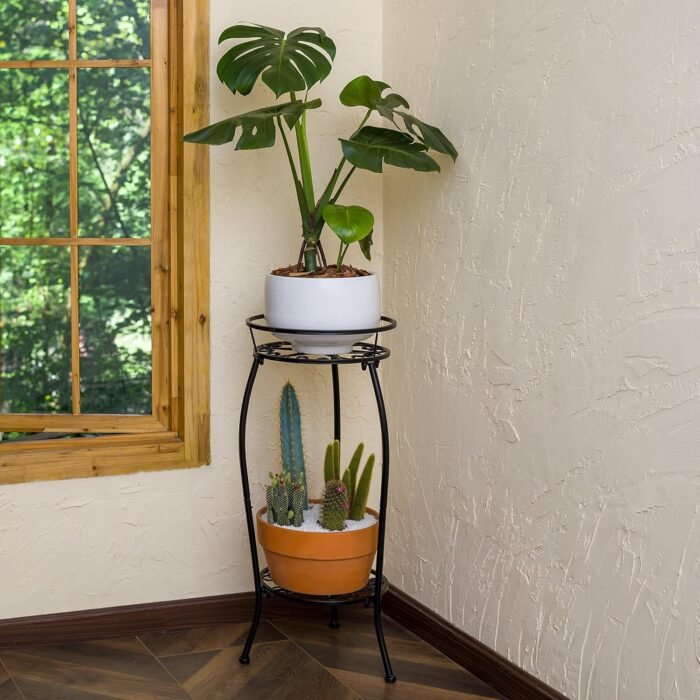 FaithLand 2 Pack Metal Plant Stands, Tall Planter Holder Indoor Outdoor, 2 Tier Round Potted Supports Rack, Corner Display Shelf Black - Image 7
