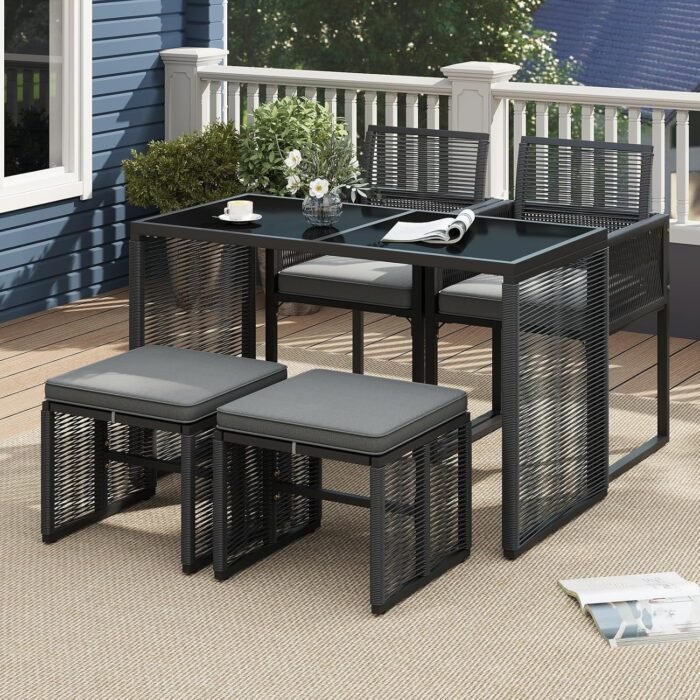 Tangkula 5 Pieces PE Wicker Patio Dining Set, Outdoor Conversation Set with Cushions, Space-Saving Patio Rattan Chair and Tempered Glass Table Set with Ottomans for Garden, Backyard & Poolside (Gray) - Image 2