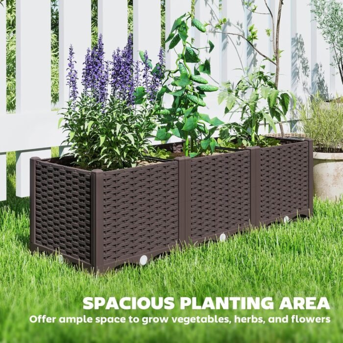 Outsunny 4 x 1 x 1 ft Raised Garden Bed, Indoor Outdoor Plastic Planter Box with Drainage Holes, Drain Plugs and Water Reservoirs for Vegetables, Herbs, Flowers & Succulents, Brown - Image 3