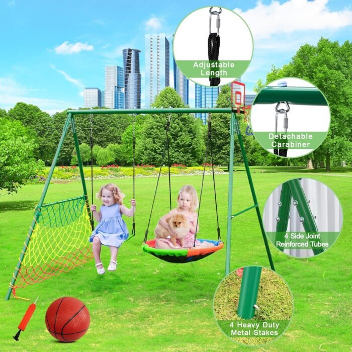 CYFIE Swing Set, Outdoor Playset for Kids with Saucer Swing, Belt Swing, Heavy Duty Metal Frame Swing Stand, Basketball Hoop and Soccer Goal, Swing Sets for Backyard, Playground, Park - Image 4