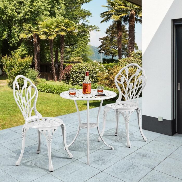 Yaheetech 3-Piece Outdoor Bistro Set w/Floral Design, Rust-Resistant Cast Aluminum Table and Chairs w/Umbrella Hole for Balcony, Backyard, Garden, White - Image 2