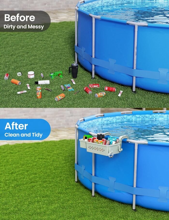 2 Sets Upgrade Poolside Storage Basket, Above Ground Pool Storage Basket with Pool Cup Holder, For Steel Round or Oval Frame Above Ground Pools, Fits 3 Inch or Less Top Rail - Image 4