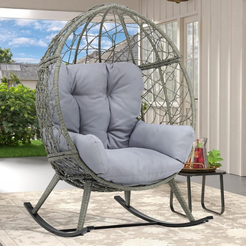 DWVO Wicker Rocking Egg Chair, Oversized Indoor Outdoor Rattan Rocking Chair, Indoor Outdoor Lounger for Patio, Backyard, Living Room, Light Gray