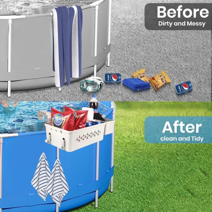 2 Sets of Poolside Storage Basket, Above Ground Pool Accessories Perfect for 3-Inch or Smaller Top Rails, Swimming Pool Storage Basket with Pool Cup Holder Fits for Most Frame Swimming Pools - Image 8