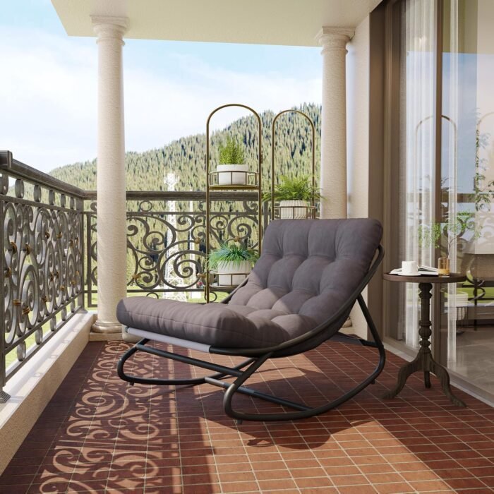 Rocking Chair with Thick Cushion, Outdoor Rocking Chair with Metal Frame, Adjustable Swing Range and Fixed Rope, Waterproof Cushion for Patio, Garden, Backyard and Poolside. - Image 4