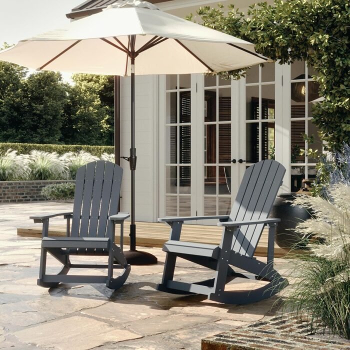 Flash Furniture Savannah Poly Resin Wood Adirondack Rocking Chair - All Weather Gray Polystyrene - Stainless Steel Hardware - Image 2