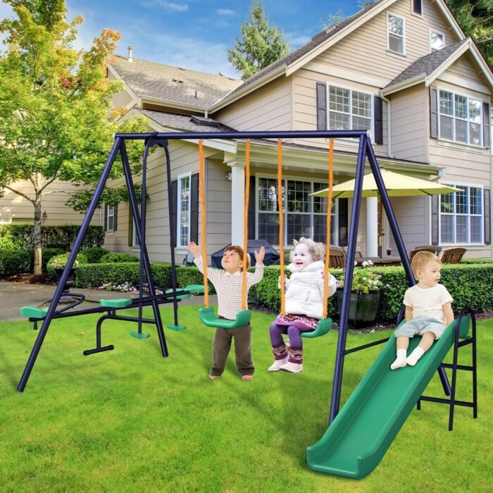 4 in 1 Multifunction Kids Swing Set, Metal for Backyard, Outdoor Heavy Duty Extra Large Frame with 2 Adjustable Swing, 1 Glider, 1 Slide and 1 Teeter-Totter - Image 2