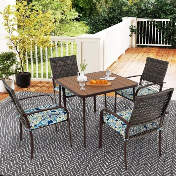 Tangkula Patio Square Dining Table, 35” x 35” Large Outdoor Table w/Wood-Plastic Tabletop & Metal Legs, 2” Umbrella Hole Included, Outside Leisure Table for Backyard, Garden, Poolside - Image 2