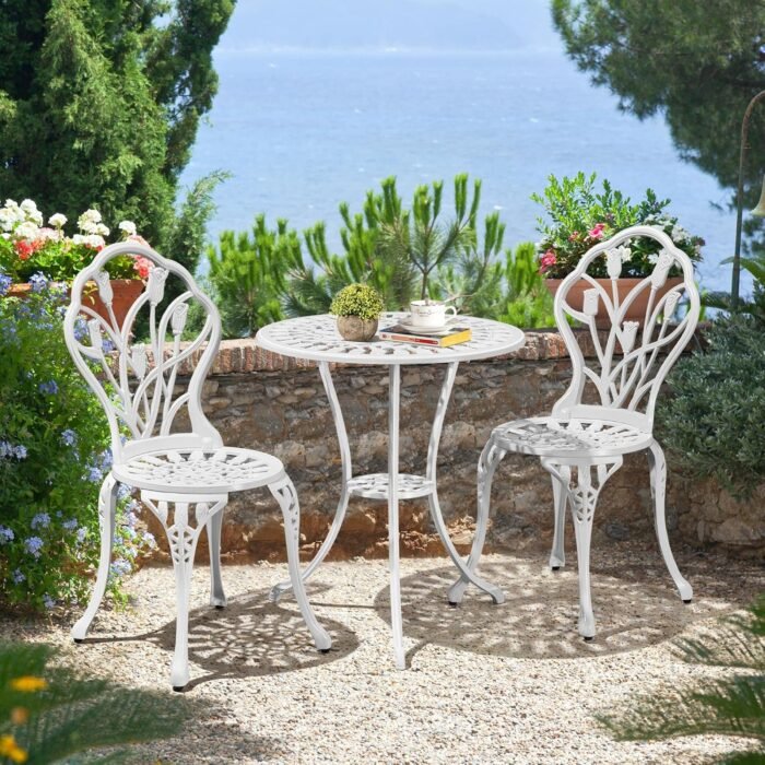 Yaheetech 3-Piece Outdoor Bistro Set w/Floral Design, Rust-Resistant Cast Aluminum Table and Chairs w/Umbrella Hole for Balcony, Backyard, Garden, White - Image 4