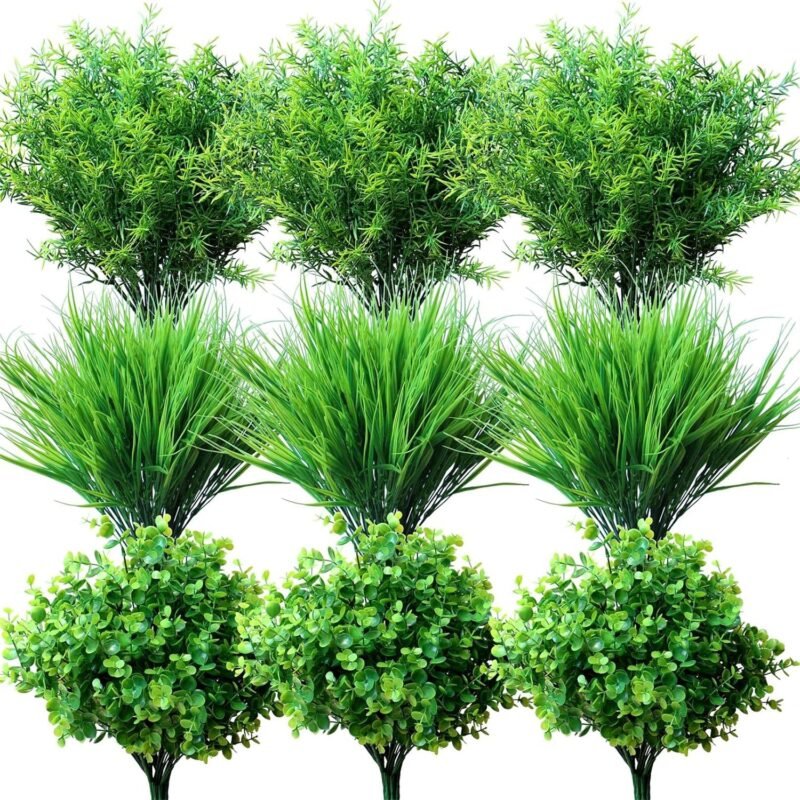 18PCS Outdoor Artificial Faux Plants Spring Summer Decorations, UV Resistant Bulk Realistic Fake Bushes Grass Eucalyptus Outside Plastic Greenery Shrubs for Front Porch Patio Window Box