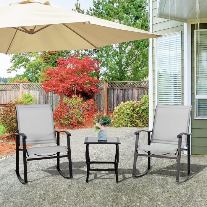 Vongrasig 3 Piece Outdoor Rocking Bistro Set, Textilene Fabric Small Patio Furniture Set, Front Porch Rocker Chairs Conversation Set with Glass Table for Lawn, Garden, Balcony, Poolside (Light Gray) - Image 9