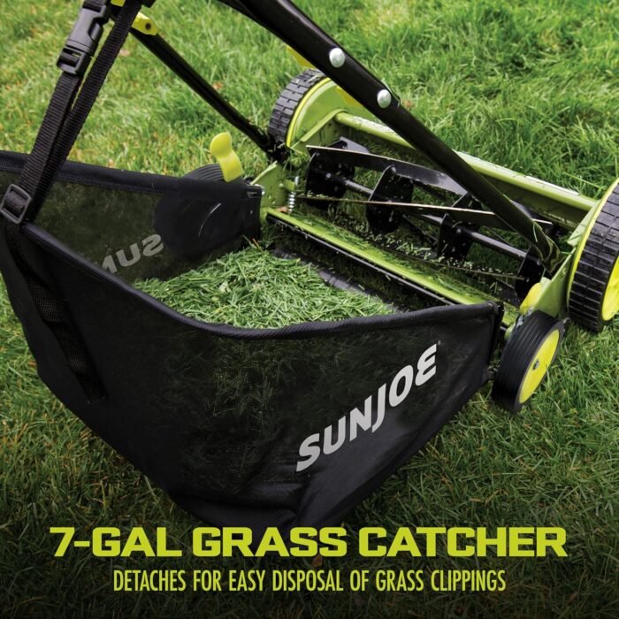 Sun Joe MJ501M w/ 7-Gallon Detachable Grass Catcher, 9-Position Height Adjustment, 5 Steel Blades, Compact Design, 18-Inch Manual, Green/Black - Image 6
