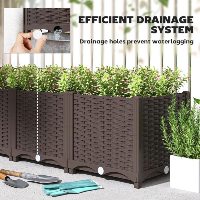 Outsunny 4 x 1 x 1 ft Raised Garden Bed, Indoor Outdoor Plastic Planter Box with Drainage Holes, Drain Plugs and Water Reservoirs for Vegetables, Herbs, Flowers & Succulents, Brown - Image 5