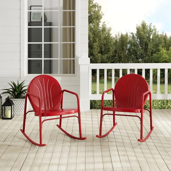 Crosley Furniture Griffith Retro Metal Outdoor Rocking Chairs, Set of 2, for Porch, Deck, Balcony, Backyard, Bright Red Gloss - Image 8