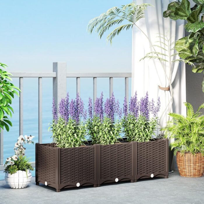 Outsunny 4 x 1 x 1 ft Raised Garden Bed, Indoor Outdoor Plastic Planter Box with Drainage Holes, Drain Plugs and Water Reservoirs for Vegetables, Herbs, Flowers & Succulents, Brown - Image 2