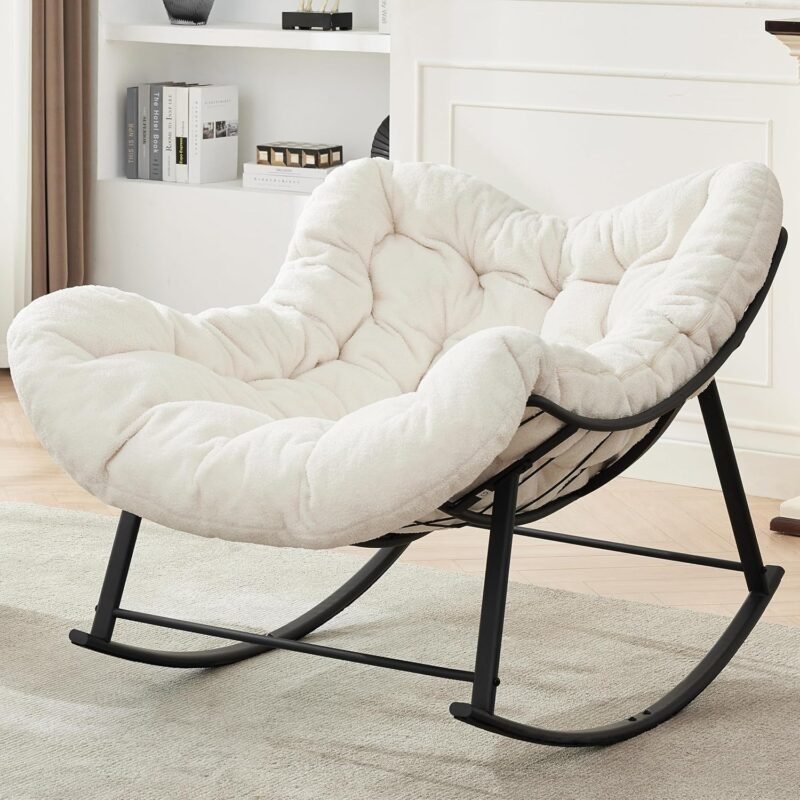 Oversized Rocking Chair Indoor, Papasan Rocking Chair Outdoor, Lounge Chair with Cushion, Patio Egg Rocker Chairs, Comfy Reading Chairs for Bedroom, Living Room, Garden, Lawn, White